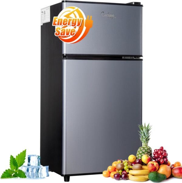 Mini Fridge with Freezer, 2.9 Cu.Ft Small Fridge, Energy Saving, Low Noise,7 Adjustable Thermostat, Double Door Small Refrigerator for Dorm, Bedroom, Office