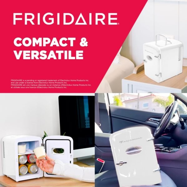 Frigidaire EFMIS129-WHITE, Mini Portable Fridge, 4 Litres Capacity, Chills Six 12oz Cans, 100% Freon-Free & Eco Friendly, Beverage Cooler- White