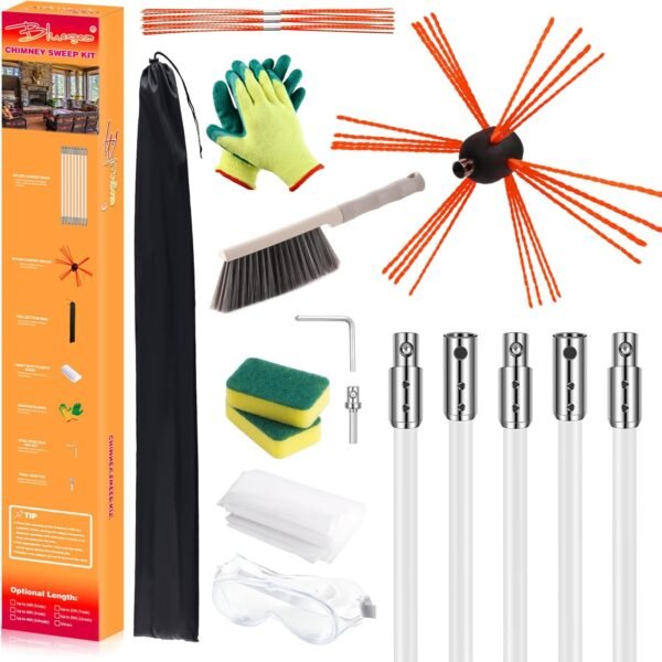 Bluesea 16 Feet Chimney Sweep Kit, Ergonomic Chimney Cleaning System with Strong Brush, Extends Up to 16 Feet, Includes 5 Flexible Chimney Rods