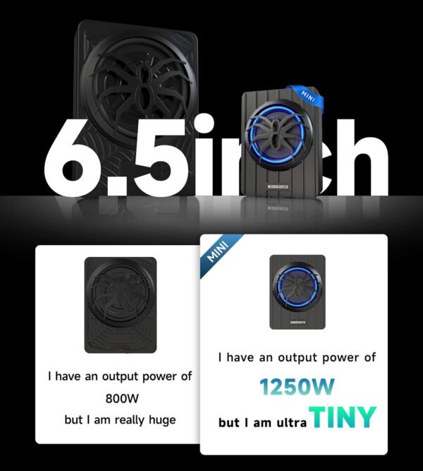 6.5" 1250W Mini Car Subwoofer- Subwoofer and Amp Package,Ultra-Compact, Blue Ambient Light, Individual Control for Low Pass/Gain/Boost Bass, Loud Stereo Sound, Deep Bass Perfect for Truck/SUV/Jeep