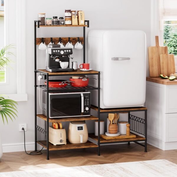 Portin Stand for Mini Fridge and Microwave Coffee Bar - Large Capacity, Sturdy, with Power Outlet and S-Hooks, for Compact Refrigerators - Home and Kitchen Shelf
