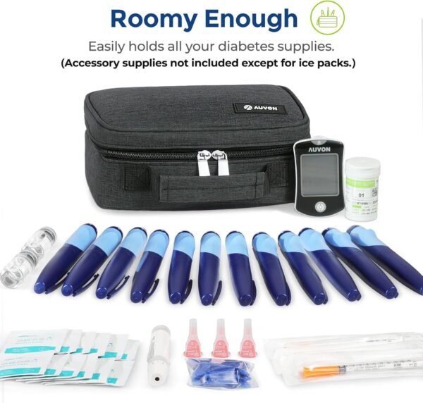 AUVON Large Insulin Cooler Travel Case, Longer Cooling Effect with 4 * 160g Ice Packs, Compact Medication Cooler Bag for 8 Insulin Pens and Diabetic Supplies, Ideal Travel Partner with Handle Design