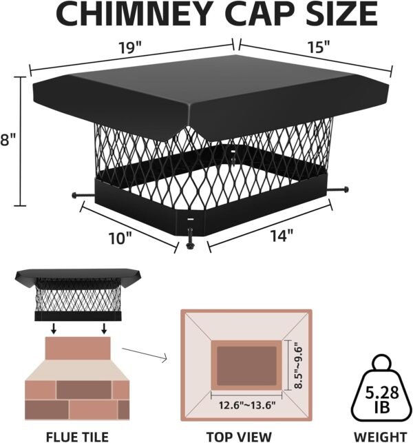 G GOOD GAIN Chimney Cap - 9 x 13 inch Chimney Cover for Outside Galvanized Steel | Fireplace Rain Caps with Hood Plate | Chimney Flue Cover Fits Existing Tiles with Adjustable Metal Screws & Gloves