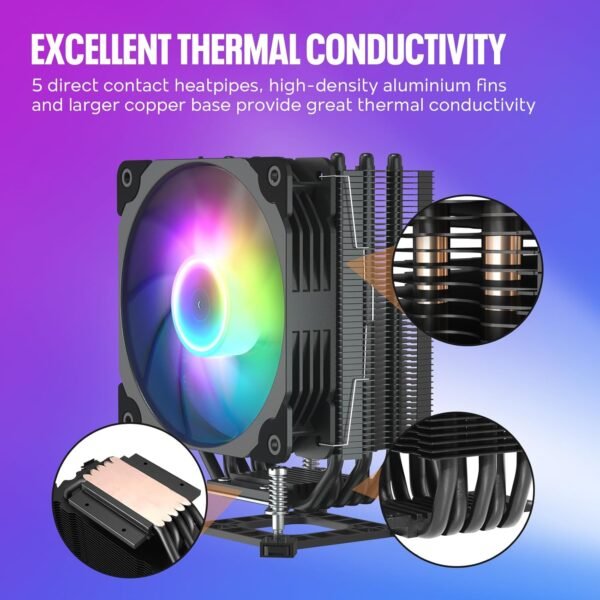 Vetroo V5 CPU Air Cooler with 5 Heat Pipes 120mm FDB PWM Processor Cooling for Intel LGA 1851/1700/1200/115X AMD AM5/AM4, Addressable RGB Lights Sync - Black