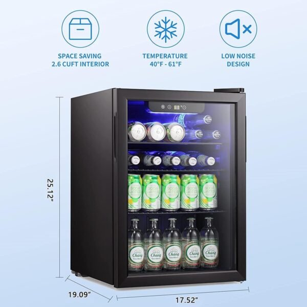 Antarctic Star Mini Fridge-95 Can Beverage Refrigerator Wine Cooler Clear Front Glass Door Small Drink Touch Screen for Soda Beer Bar Office Home 2.6 cu.ft