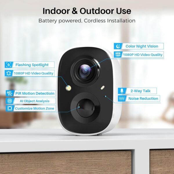 Security Cameras Wireless Outdoor, Battery Powered Cameras for Home Security Indoor/Outdoor with AI Motion Detection, 2K Color Night Vision, 2-Way Talk, IP66 Weatherproof, SD/Cloud Storage