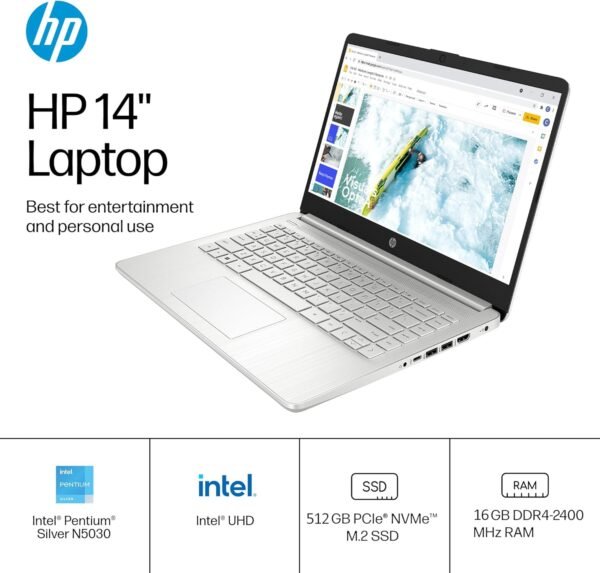 HP 14" Ultra-Light Laptop for Student & Home (Narrow-Bezel Display, Intel Pentium N5030, 16GB RAM, 512GB SSD, 1-Year Office 365) 11-Hr Long Battery Life, Webcam, Wi-Fi, IST Card, Win 11 Home, Silver