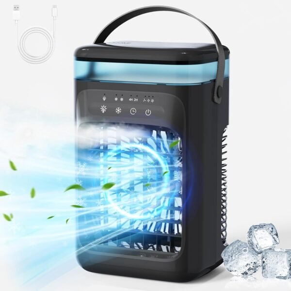 Portable Air Conditioners, Personal Mini Air Cooler Cooling Fan with 3 Speeds, 1L Evaporative Air Conditioner, 7 LED Light, 2 Cool Mist Air Conditioners Humidifier Fan Room Bedroom Office (Black)