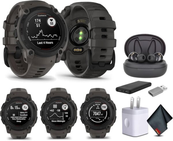 Garmin Instinct E 40mm, Outdoor GPS Smartwatch, 24/7 Health Monitoring, Up to 14 Days of Battery Life, Charcoal (010-02932-00) with Earbuds Bundle