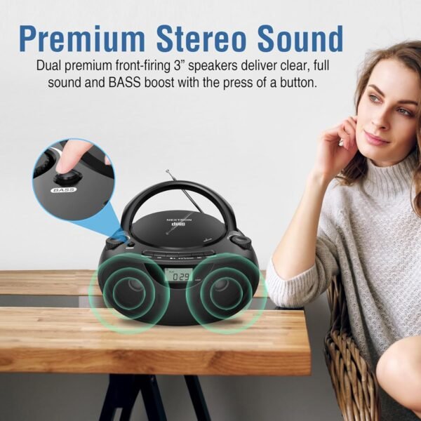 Portable Stereo CD Player Boombox with AM/FM Radio, Bluetooth, USB, AUX-in, Headphone Jack, CD-R/RW and MP3 CDs Compatible, Clear and Full Sound with Bass Boost, AC/Battery Operated – Black