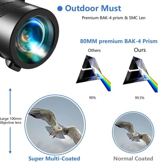 80x100 Monocular-Telescope High Powered for Smartphone Monoculars for Adults High Definition Monocular Telescope for Stargazing Hunting Wildlife Bird Watching Travel Camping Hiking