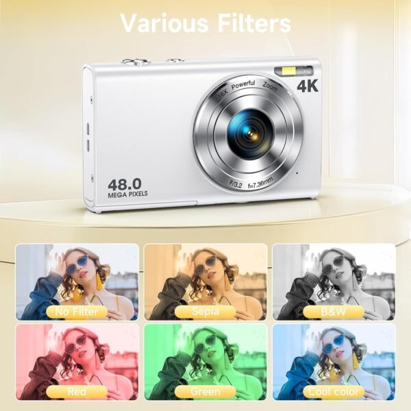 Digital Camera, Autofocus 48MP UHD 4K Vlogging Camera 16X Digital Zoom, Portable Compact Point and Shoot Digital Camera for Teens Adult Beginner with 32GB Card, 2 Batteries, Lanyard(White)