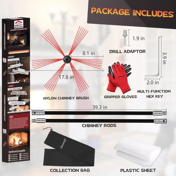 Chimney Sweep Kit - 30 Feet with 9 Flexible Black Chimney Rods, Brush & Rotary Drill-Driven System