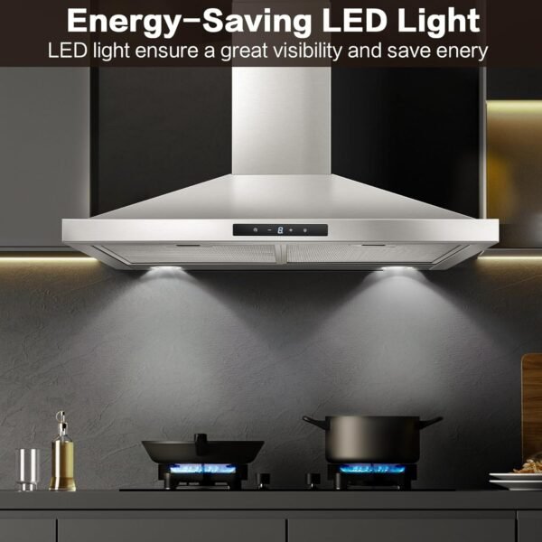 Range Hood 30 inch Stainless Steel, Wall Mount kitchen Hood Ducted/Ductless Convertible, Vent Hood w/ 3 Speeds, Touch Control, 5-Layer Mesh Filters, Energy-Saving LED Lights