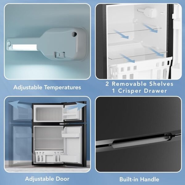 3.1 Cu.Ft Mini Fridge with Freezer,2 Door Compact Refrigerator,Mini Fridge with Adjustable Removable Glass Shelves for Bedroom,Dorm or Apartment,Black