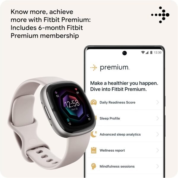 Fitbit Sense 2 Advanced Health and Fitness Smartwatch with Tools to Manage Stress and Sleep, ECG App, SpO2, 24/7 Heart Rate and GPS, Lunar White/Platinum, One Size (S & L Bands Included)