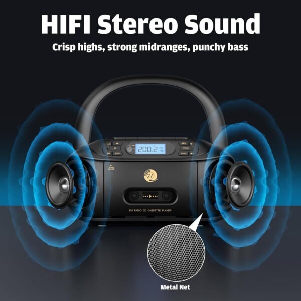 CD Cassette Player Combo, Hernpark Rechargeable Boombox with Bluetooth 5.1, Tape Recording, FM Radio, Super Bass, Stereo Sound, Aux/USB Drive, Headphones Jack, Boom Box for Indoor Outdoor