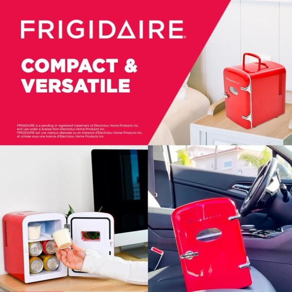 Frigidaire Red Mini Personal Fridge Cooler, 1 Gal Capacity fits Six Cans, Includes Plugs for Home Outlet & DC Charger - 9.84" D x 7.09" W x 10.35" H