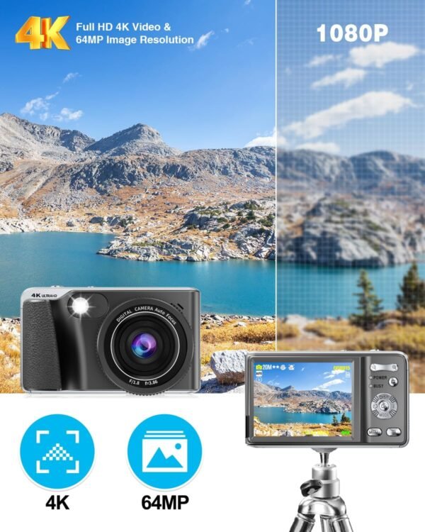 Autofocus Digital Camera for Photography 4K 48MP Macro Kids Digital Camera for YouTube with SD Card 18X Digital Zoom,Flash, Anti-Shake,2 Batteries