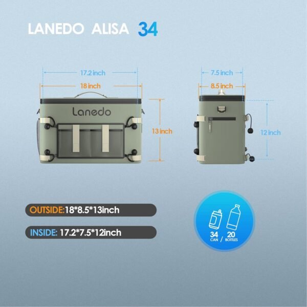 34/28-Can Lanedo Soft-Sided Cooler-Collapsible, Waterproof,Use as a Beach Cooler, Soft Ice Bag, Ice Chest, or Travel Cooler for Food Shopping, Camping, Kayaking, Fishing, and Multi-Person Lunch Bag