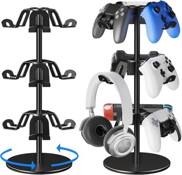 Aluminum Alloy Controller Holder 3 360 Degree Rotation Tier,Headphone Stand - Gaming Controller Stand for Xbox PS5 PS4 Switch,Gaming Controller Headset Holder for Gaming Accessories