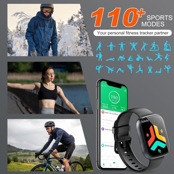 Smart Watch for Men Women Bluetooth Call, 1.95" HD Touch Screen Fitness Watch with Sleep Heart Rate Monitor, 100+ Sports Modes, IP68 Waterproof Activity Trackers for Android iOS, Black