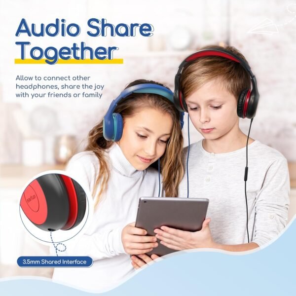 EarFun Kids Headphones Wired with Microphone, 85/94dB Volume Limit Headphones for Kids, Portable Wired Headphone with Shareport, Stereo Sound Foldable Headset for School/Tablet/iPad/Kindle, Black Red