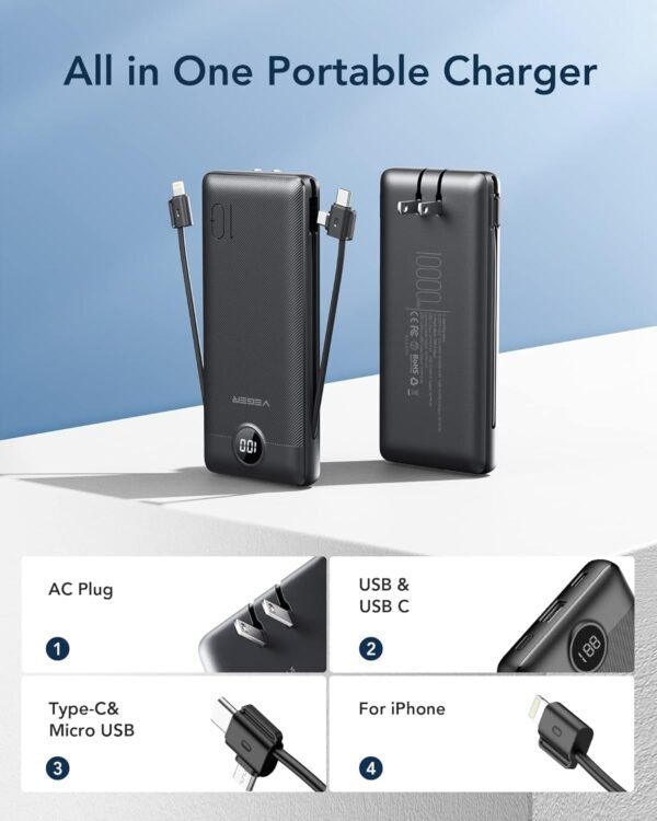 VEGER Portable Charger for iPhone Built in Cables and Wall Plug, 10000mah Slim Fast Charging USB C Power Bank, Travel Essential Battery Pack Compatible with iPhones, iPad, Samsung, and More(Black)