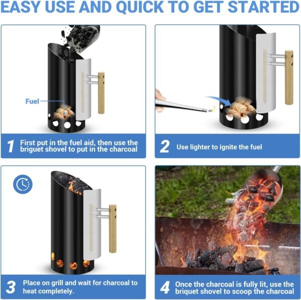 Charcoal Chimney Starter with 11" Briquet Shovel Set, Double Enameled Large Capacity Chimney Starter for Charcoal Grill with Heat Shield & Wood Handle Great Heat Insulation and Easy Grip
