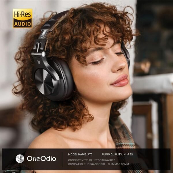 OneOdio A70 Bluetooth Over Ear Headphones, Wireless Headphones with 72H Playtime, Hi-Res, 3.5mm/6.35mm Wired Audio Jack for Studio Monitor & Mixing DJ Guitar AMP, Computer Laptop PC Tablet - Black