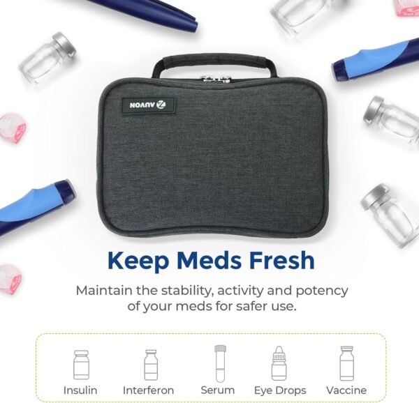 AUVON Large Insulin Cooler Travel Case, Longer Cooling Effect with 4 * 160g Ice Packs, Compact Medication Cooler Bag for 8 Insulin Pens and Diabetic Supplies, Ideal Travel Partner with Handle Design