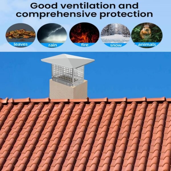 Chimney Cap - 12x12 Inch Square, Stainless Steel, Adjustable Bottom, Mesh Covers, Clay Flue Compatible