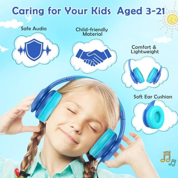 Bluetooth Kids Headphones Fit for Aged 3-21, Colorful LED Lights Comfort Wireless Headphones with Microphone 94dB Volume Limited for School/iPad/PC/TV/Cellphones, Wired & TF Card Mode,Blue