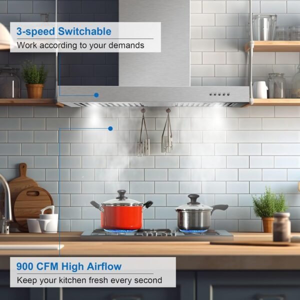 Wall Mount Range Hood 30 Inch 900CFM Vent Hood T Shape with Stainless Steel Stove Hood Split Type Permanent Grease Baffle Filter, Chimney Style Kitchen Exhaust Fan, Ductless Convertible