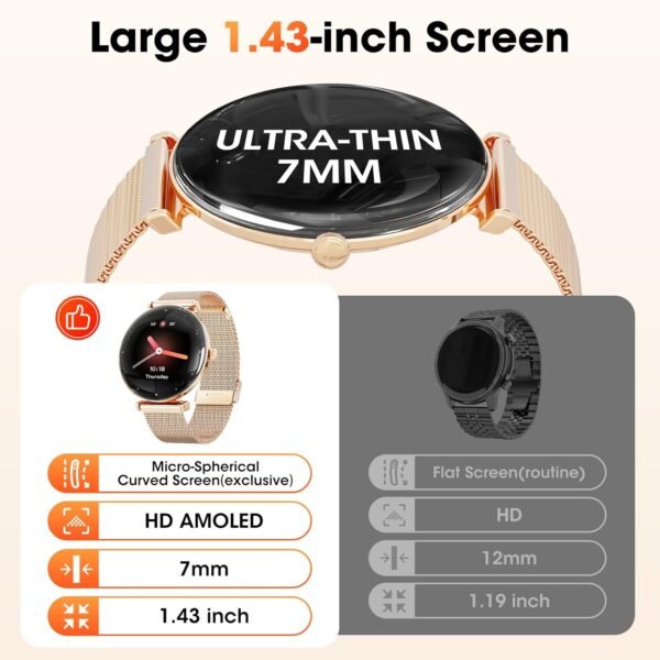 Hwagol Smart Watch[Call/2 Bands/Metal Slim]Android Samsung iPhone Compatible,1.43" Micro-Spherical AMOLED Smart Watches for Women,IP68 Waterproof Fitness Tracker Sleep/Heart Rate Monitor,Women's Gifts