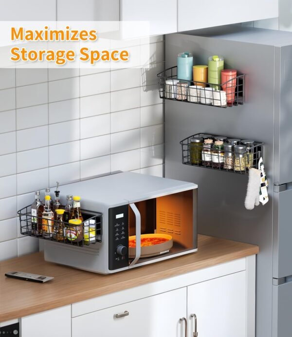 2-Pack Magnetic Spice Rack for Refrigerator, Versatile Magnetic Shelf Organizer with 2 Hooks for Kitchen Storage, Large Capacity Spice Rack for Fridge, Oven, or Cabinet - Black