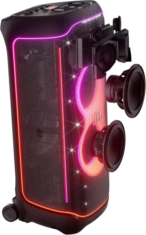 JBL Partybox Ultimate - Multi Purpose Party Speaker, with Wi-fi & Bluetooth Connectivity, Wireless, Lightshow, IPx4 Slashproof, Dual Mic & Guitar Inputs, Handle & Sturdy Wheels, Black