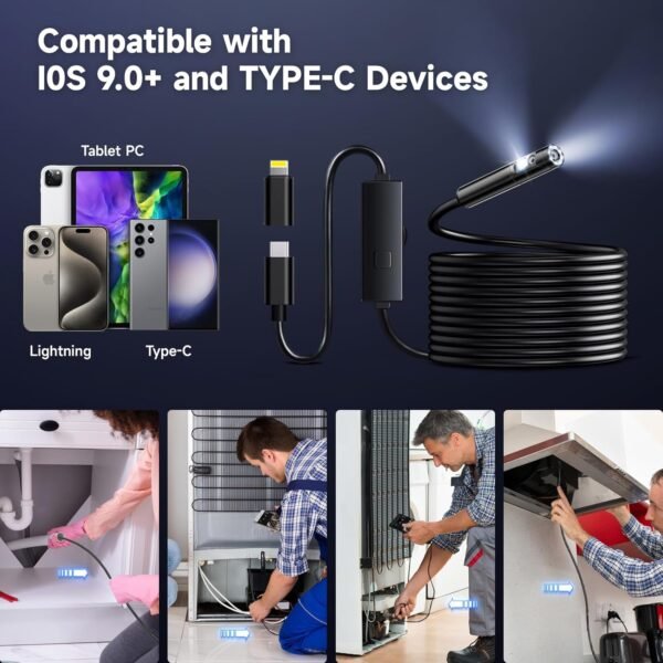 [Dual-Lens] Endoscope Camera with Light, 1920P HD Borescope with 8+1 Adjustable LED Lights, IP67 Waterproof 16.5FT Semi-Rigid Snake Cord Inspection Camera for iPhone, iPad and Android Phone (Type C)