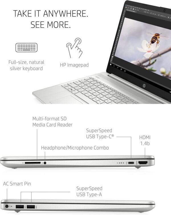 HP 15.6 Inch Laptop, Intel Iris Xe Graphics, 11th Generation Intel Core Processor, 8 GB RAM, 256 GB SSD, Windows 11 Home (15-dy2024nr, Natural silver)