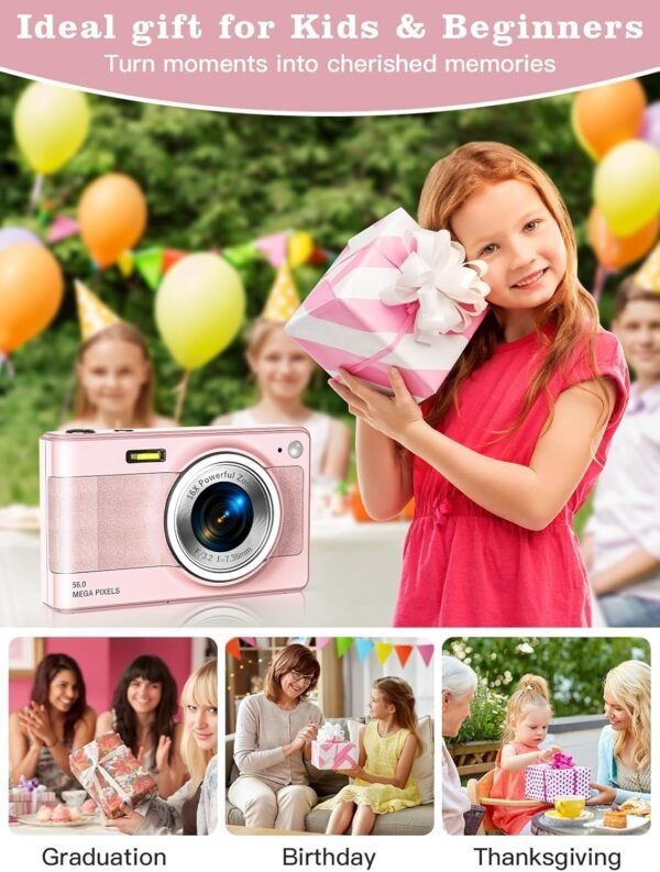 Upgrade Digital Camera, 56MP FHD 1080P Camera for Kids with 16x Zoom Anti Shake, Kid Camera with 32GB TF Card, Two Batteries, Lanyard, Compact Small Camera for Kids Boys Girls（Pink）