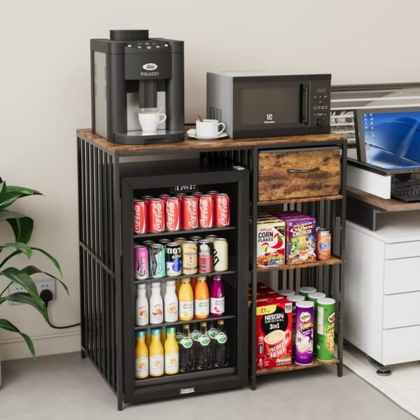 VOWNER Mini Fridge Cabinet with Power Outlet, 3-Tier Industrial Style Kitchen Microwave Stand Baker Rack with Drawer, Utility Storage Shelf for Home Kitchen Dorm Office, Vintage Wood, 35" Lx22 Wx37 H