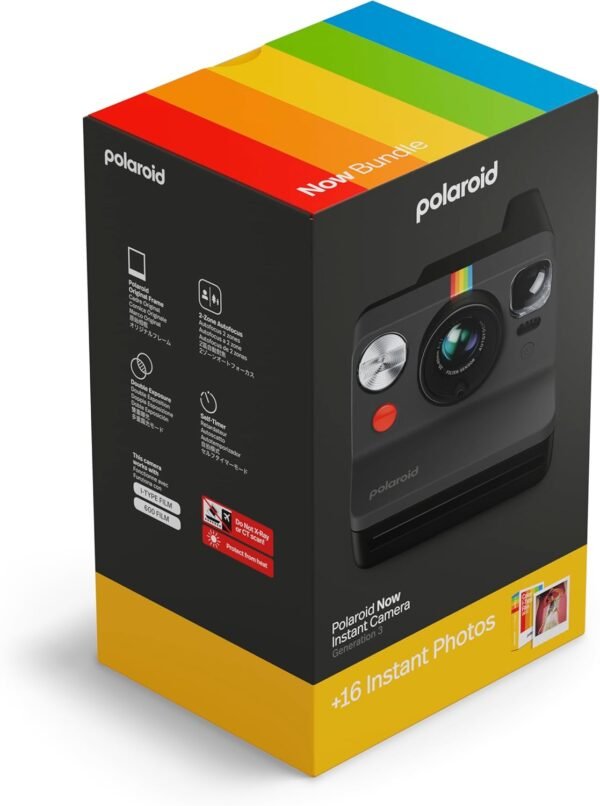 Polaroid Now 3rd Generation I-Type Instant Camera + Film Bundle - Now Black Camera + 16 Color Photos (6560)