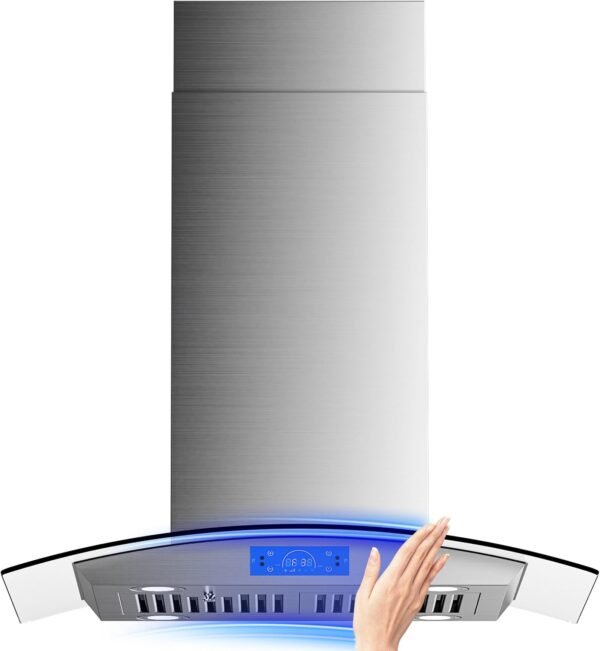 FIREGAS Island Range Hood 30 inch 700 CFM with Chimney, Ceiling Mount Kitchen Vent Hood with Tempered Glass, 4 LED Lights, Permanent Filters, Premium Touch Control Panel, Includes Charcoal Filter