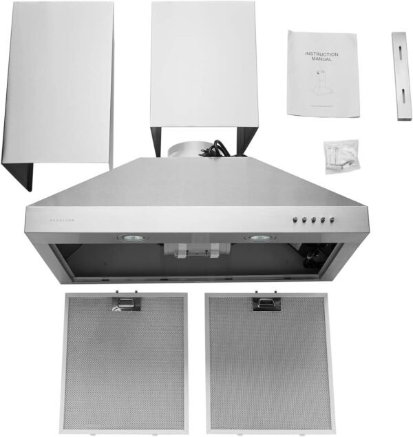 Hauslane Wall Mount Range Hood 30 Inch | Matte White Wall Chimney | 6” Duct/Ductless Convertible, Strong Suction, Six-layer Aluminum Filters, Changeable LED Lamps, Stove Kitchen Vent Hood