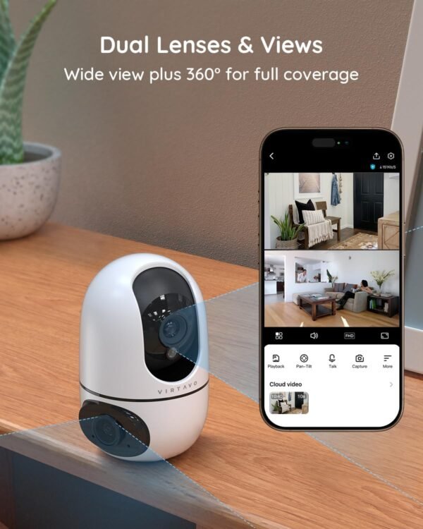 virtavo XD1 Indoor Security Camera, Dual-Lens & Split View, 360° PTZ Baby Monitor & Pet Cam, Motion Tracking, 2-Way Audio, Night Vision, Cloud/SD Storage, Phone App, 2.4GHz WiFi