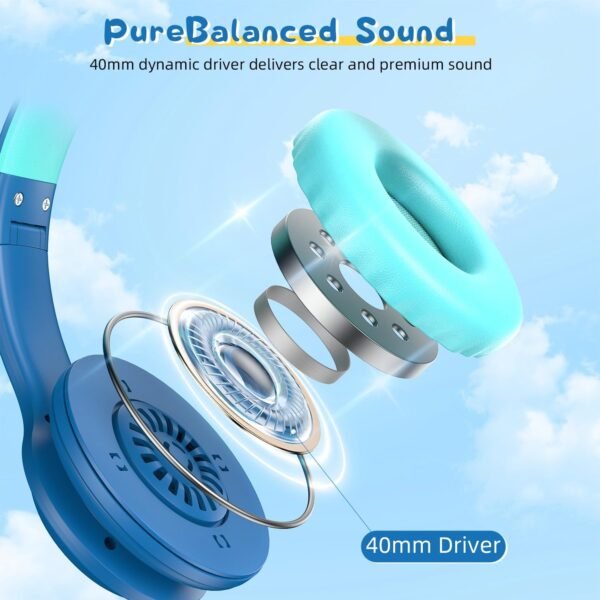 Bluetooth Kids Headphones Fit for Aged 3-21, Colorful LED Lights Comfort Wireless Headphones with Microphone 94dB Volume Limited for School/iPad/PC/TV/Cellphones, Wired & TF Card Mode,Blue