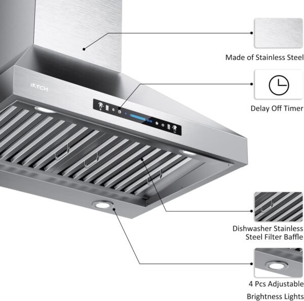 IKTCH 30-inch Wall Mount Range Hood 900 CFM Ducted/Ductless Convertible, Kitchen Chimney Vent Stainless Steel with Gesture Sensing & Touch Control Switch Panel, 4 Pcs Adjustable Lights