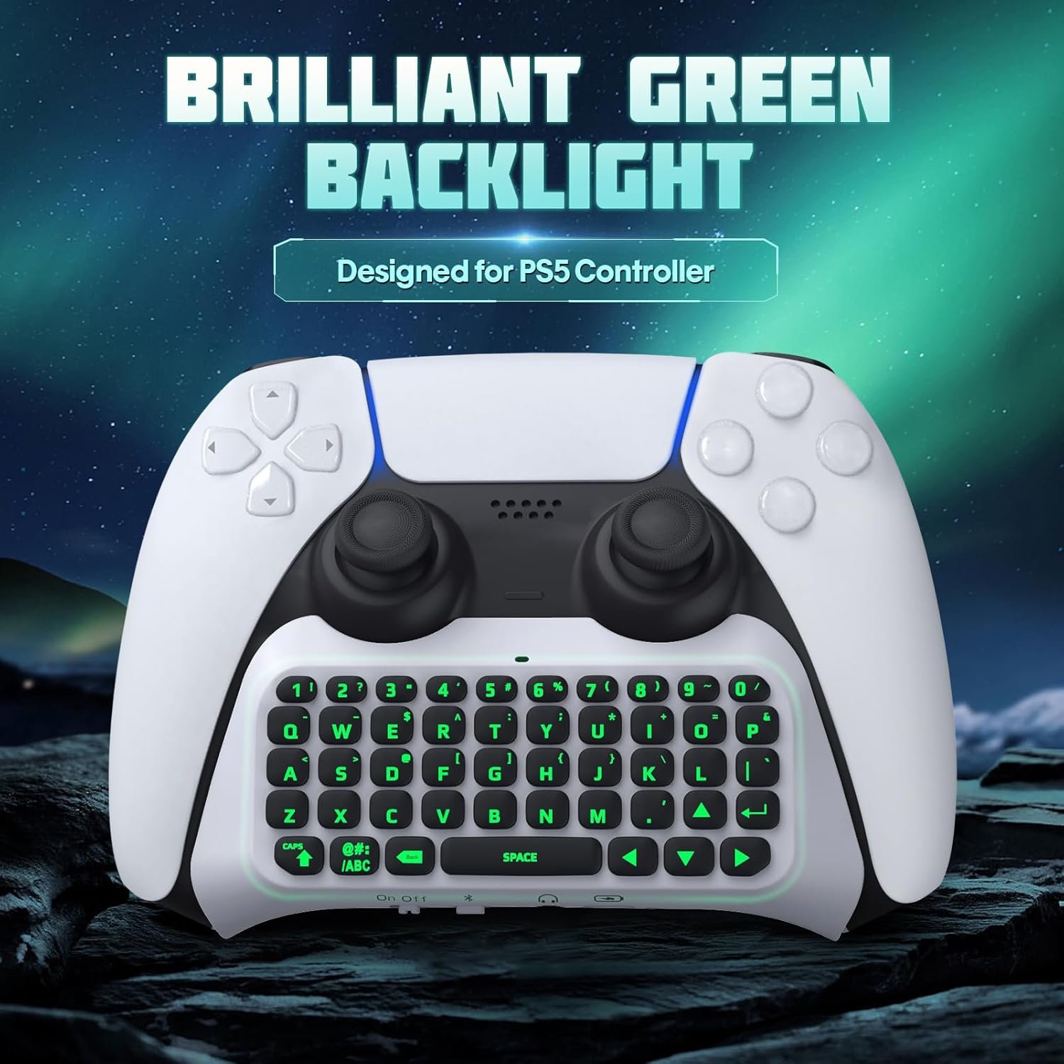 TiMOVO PS5 Controller Keyboard with Green Backlight, Wireless Bluetooth Keypad Chatpad for Playstation 5 Controller, Mini Game Keyboard Built-in Speaker with 3.5mm Audio Jack for PS5 Accessories,White