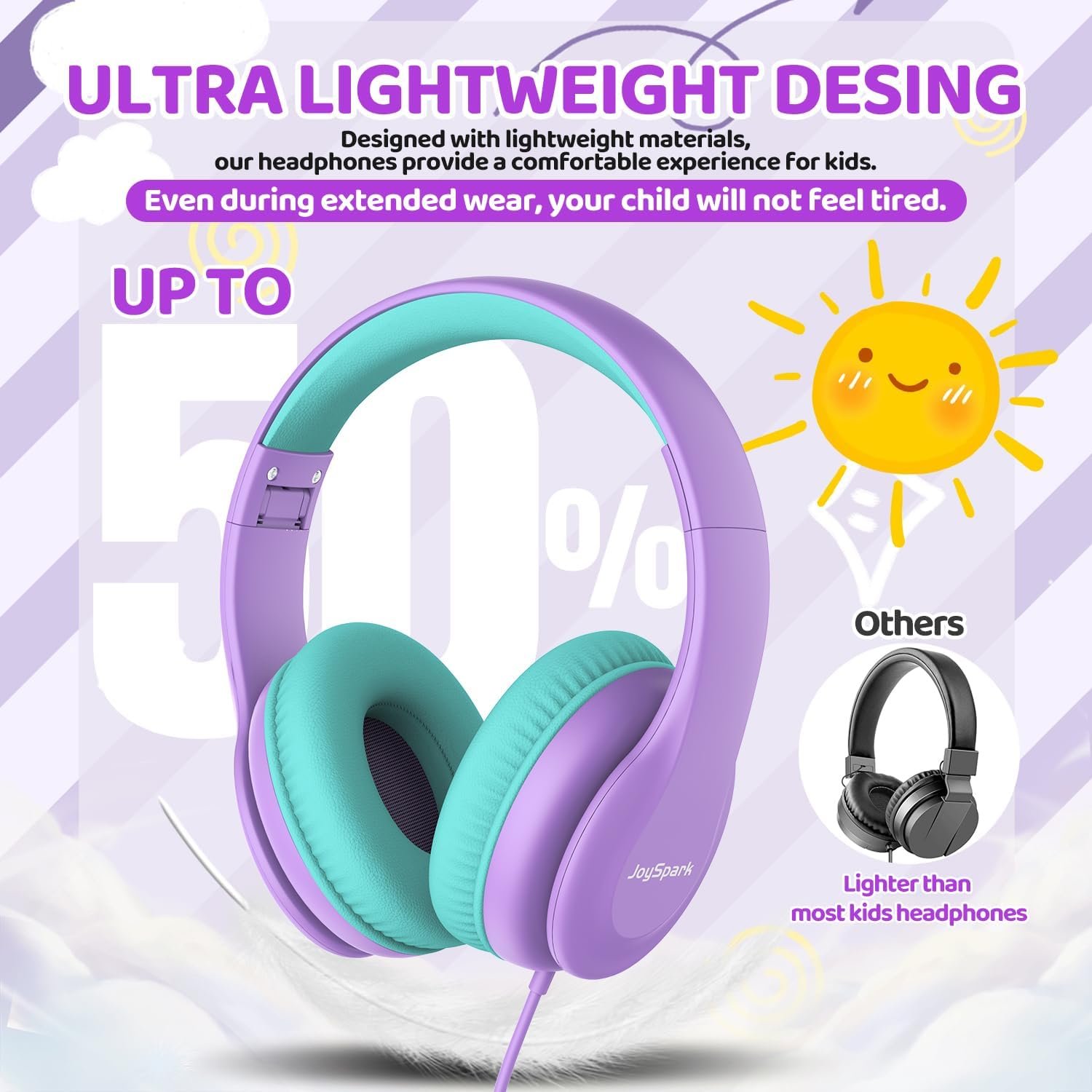 Wired Headphones for Kids, 85dB Volume Limit Toddler Headphones, 3.5mm Kids Headphones with Cord, Adjustable, Stereo Sound Foldable Kids Headphones for School-Purple