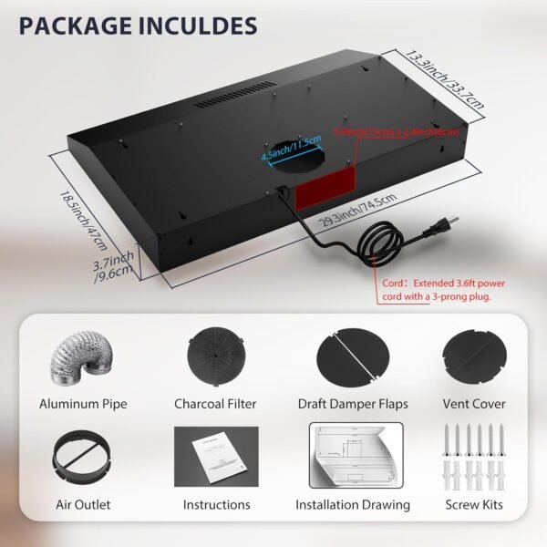 Range Hood 30 inch Under Cabinet, Ductless Slim Kitchen Range Hood Vent with Filter, LED Lights, 3 Speed Exhaust Fan, Campanas para Cocina (JX3830-Black with Charcoal Filter)